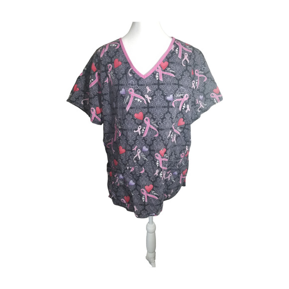 Scrubstar Tops - *3 for $18* SCRUBSTAR Pink Ribbon and Red Hearts Scrub Top Sz. L